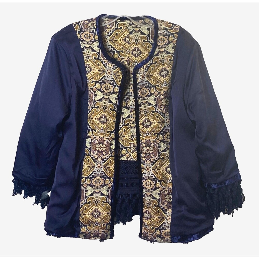 Boston Proper Fringe Tapestry Novelty Jacket Velvet Trim Size 14 Multicolor NWOT - Picture 13 of 16